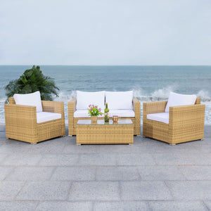 Machie 4 Piece Outdoor Living Set - Elegant Wicker Frame with Plush Cushions & Glass Coffee Table