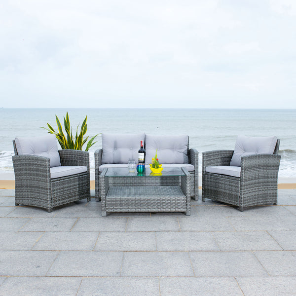 Vellor 4 Piece Coastal Living Set with Plush Cushions and Glass-Topped Coffee Table for Relaxation