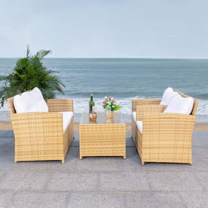 Vellor 4 Piece Coastal Living Set with Plush Cushions and Glass-Topped Table for Relaxed Style