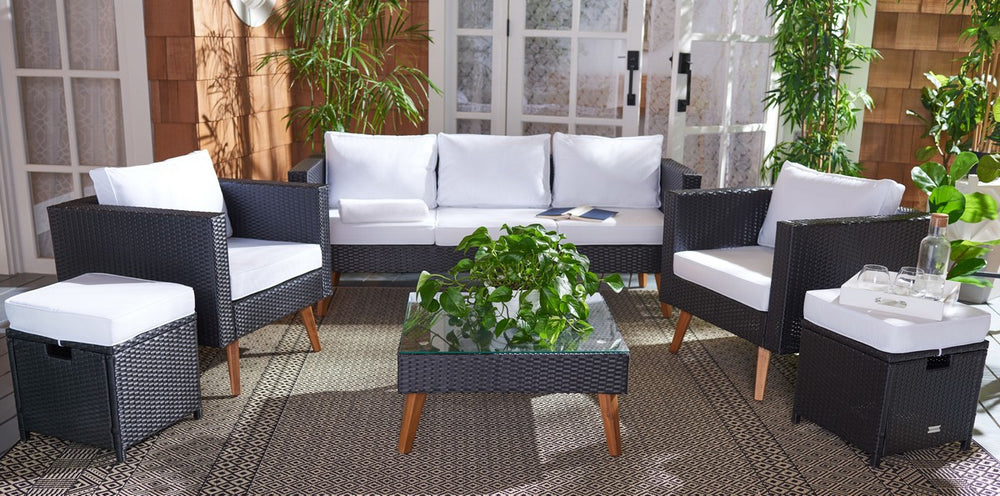 Presla 6 Piece Living Set - Modern Coastal Outdoor Furniture with Stylish Wicker and Acacia Legs