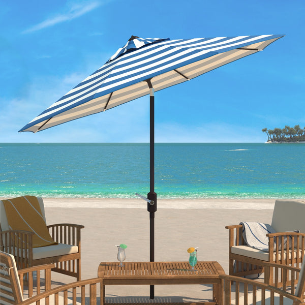 Safavieh Uv Resistant Iris Fashion Line 9Ft Auto Tilt Umbrella Pacific Blue Stripe Metal PAT8004P