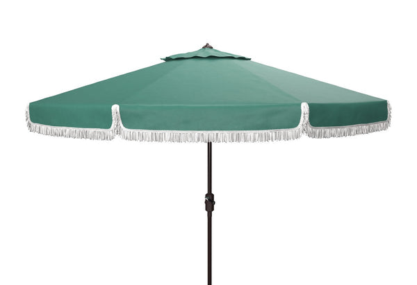 Safavieh Milan Fringe 9Ft Crank Outdoor Push Button Tilt Umbrella Hunter Green Metal PAT8008H