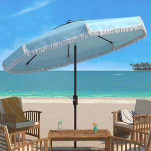 Safavieh Milan Fringe 9Ft Crank Outdoor Push Button Tilt Umbrella Baby Blue / White  Metal PAT8008U