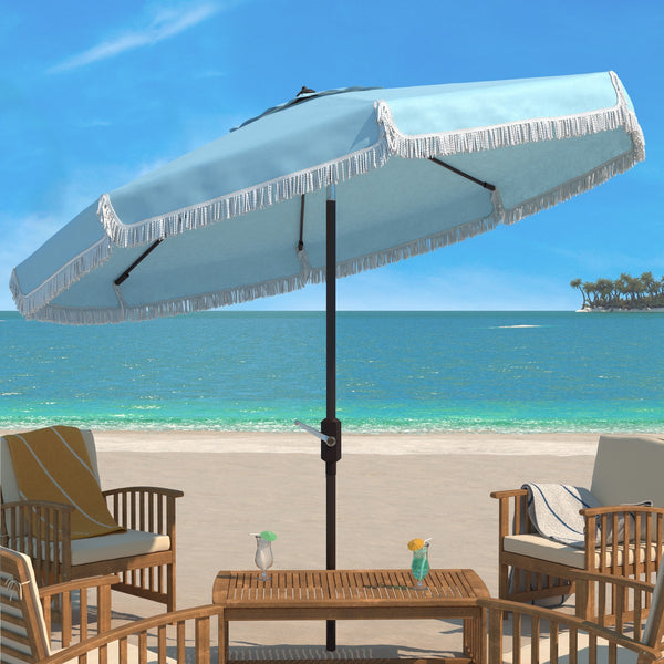 Safavieh Milan Fringe 9Ft Crank Outdoor Push Button Tilt Umbrella Baby Blue / White  Metal PAT8008U