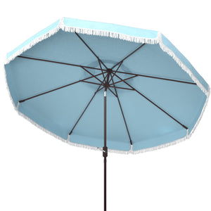 Safavieh Milan Fringe 9Ft Crank Outdoor Push Button Tilt Umbrella Baby Blue / White  Metal PAT8008U