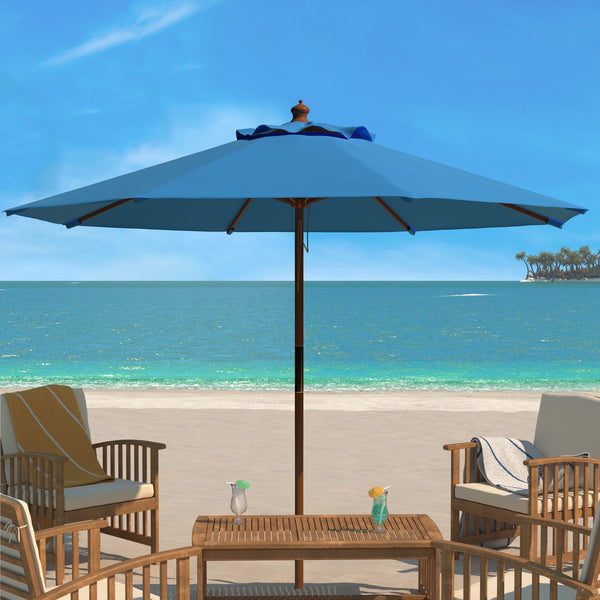 Safavieh Cannes 9Ft Wooden Outdoor Umbrella Baby Blue  Wood/Polyethylene Coating PAT8009U