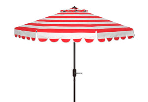 Safavieh Maui Single Scallop Striped 9Ft Crank Push Button Tilt Umbrella Red Stripe Metal PAT8011R