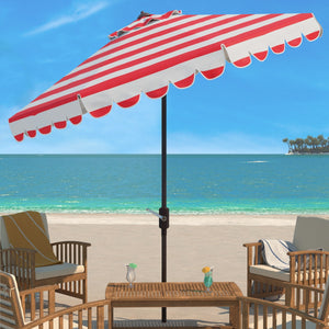 Safavieh Maui Single Scallop Striped 9Ft Crank Push Button Tilt Umbrella Red Stripe Metal PAT8011R