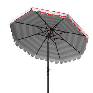 Safavieh Maui Single Scallop Striped 9Ft Crank Push Button Tilt Umbrella Red Stripe Metal PAT8011R