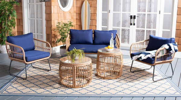 Safavieh Venta 5Pc Living Set Natural/Navy Rattan/Steel PAT9007B-2BX