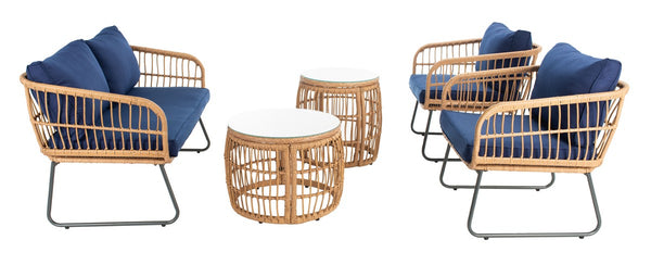Safavieh Venta 5Pc Living Set Natural/Navy Rattan/Steel PAT9007B-2BX
