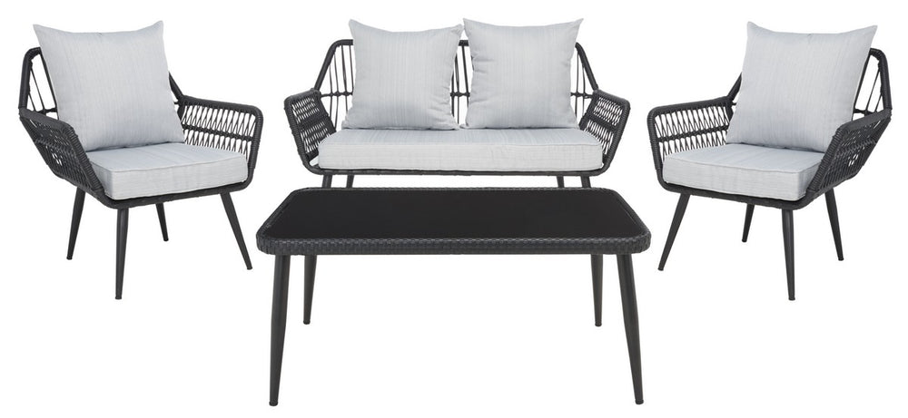 Safavieh Elsbeth 4Pc Living Set/Black Rope/Grey Cushion Black Rope/Grey Cushion Rattan/Steel PAT9029A