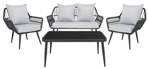 Safavieh Elsbeth 4Pc Living Set/Black Rope/Grey Cushion Black Rope/Grey Cushion Rattan/Steel PAT9029A