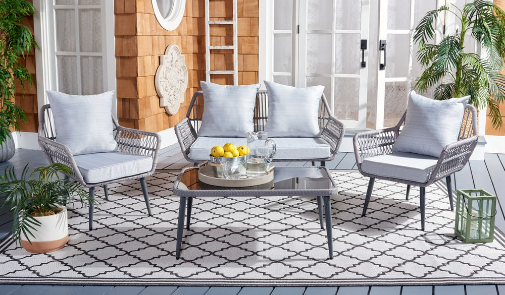 Safavieh Elsbeth 4Pc Living Set/Grey Rope/Grey Cushion Grey Rope/Grey Cushion Rattan/Steel PAT9029B