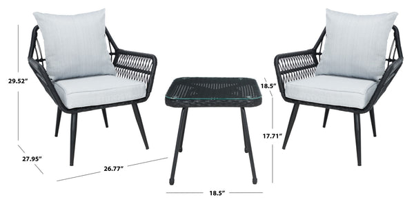Safavieh Londyn 3Pc Lounge Set Black / Grey Pe Wicker / Flat Rattan/Steel PAT9031A