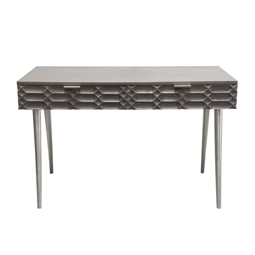 Petra Solid Mango Wood 2-Drawer Writing Desk in Smoke Grey Finish w/ Nickel Legs by Diamond Sofa