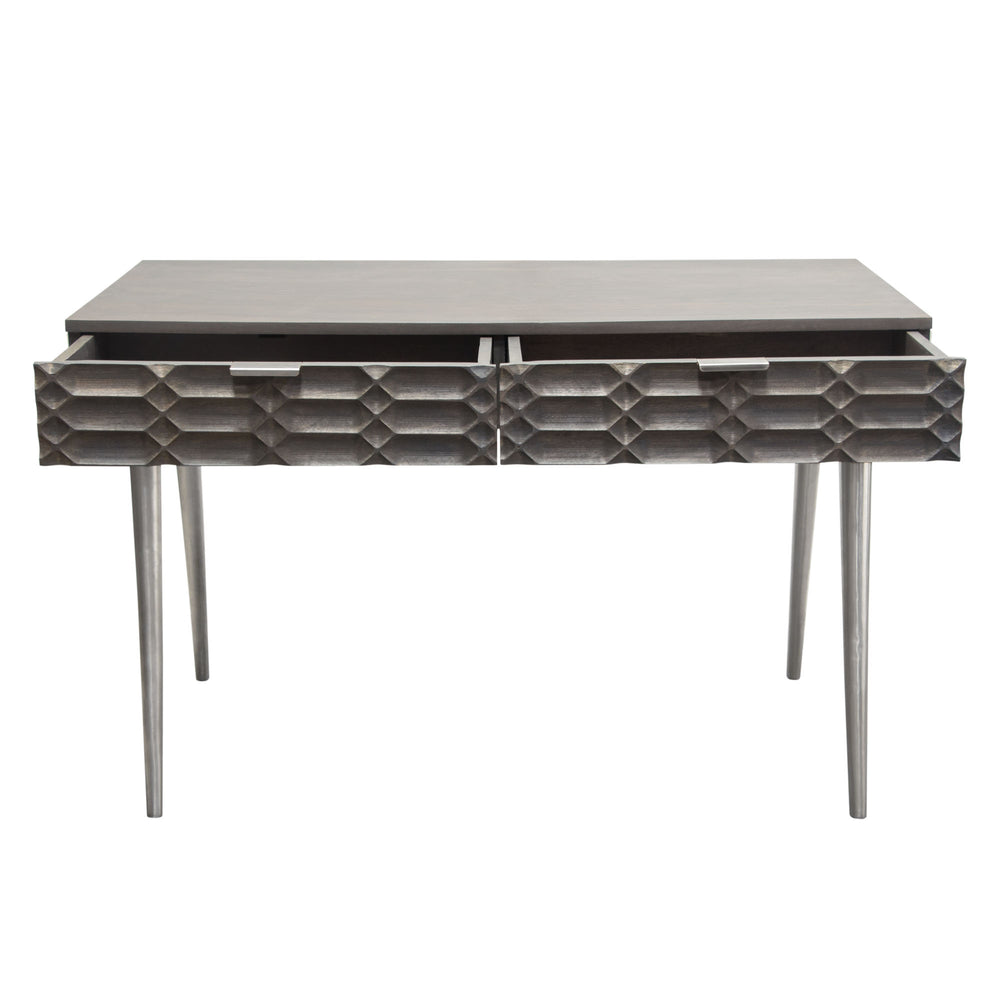 Petra Solid Mango Wood 2-Drawer Writing Desk in Smoke Grey Finish w/ Nickel Legs by Diamond Sofa