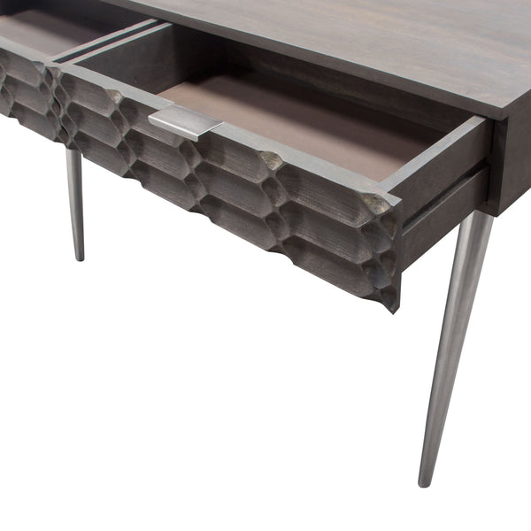 Petra Solid Mango Wood 2-Drawer Writing Desk in Smoke Grey Finish w/ Nickel Legs by Diamond Sofa