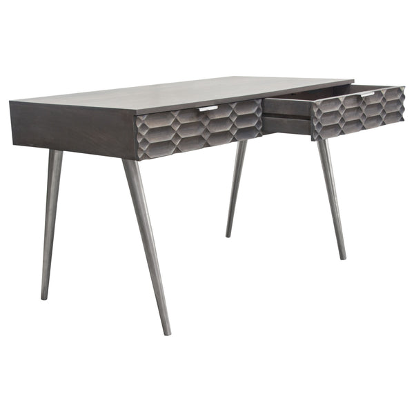 Petra Solid Mango Wood 2-Drawer Writing Desk in Smoke Grey Finish w/ Nickel Legs by Diamond Sofa