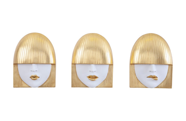 Fashion Faces Wall Art, Small, White and Gold Leaf, Set of 3