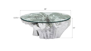 Otis Root Cast Coffee Table with Glass, Silver Leaf