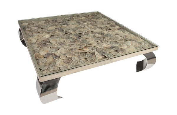 Shell Coffee Table, Glass Top, Ming Stainless Steel Legs