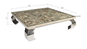 Shell Coffee Table, Glass Top, Ming Stainless Steel Legs