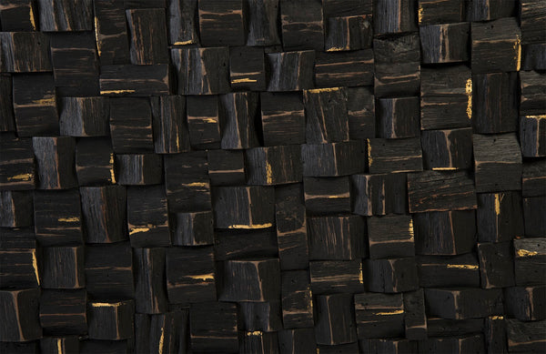 Distressed Blocks Coffee Table, Wood, Glass, Plated Brass Ming Legs, Black with Gold Leaf, SM