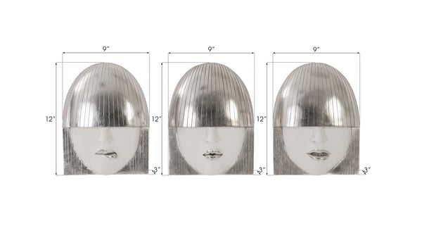 Fashion Faces Wall Art, Small, White and Silver Leaf, Set of 3