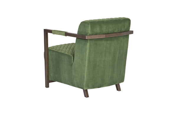 Amity Club Chair, Quilted Green Fabric, Industrial Silver Metal Frame