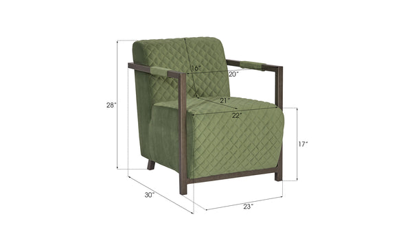 Amity Club Chair, Quilted Green Fabric, Industrial Silver Metal Frame
