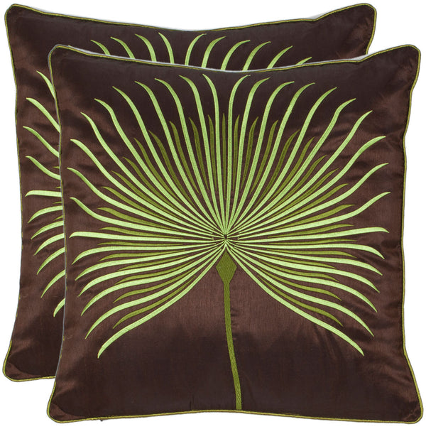 Leste Tropical Leaf Embroidered Pillow Set of 2 - Luxurious Satin, Fluffy Comfort, Green Accent Art