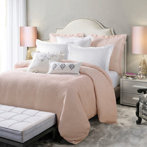 HiEnd Accents Jolie Duvet Cover Set PK1613-SK-OC Pink, White Duvet Cover - Face: 100% polyester; Back: 100% cotton. Pillow Sham - 100% polyester. Euro Sham - 100% polyester. Accent Pillow - Shell: 100% polyester; Fill: 100% polyester. 110x96x0.5