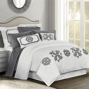 HiEnd Accents Madison Duvet Cover Set PK1755-SK-GY Gray Duvet Cover - Face: 100% polyester; Back: 100% cotton. Pillow Sham - Face, Back and Fill: 100% polyester. Euro Sham - 100% polyester. 110x96