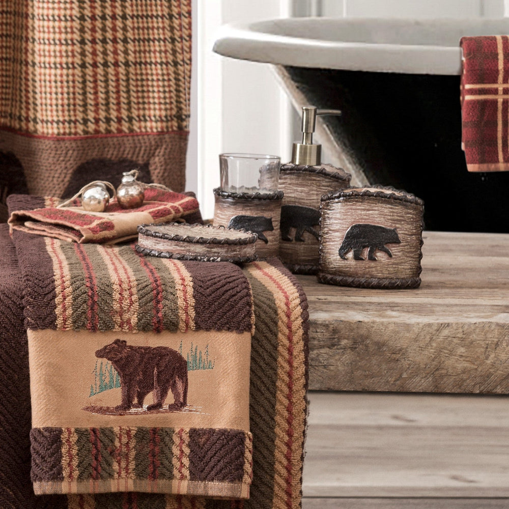 HiEnd Accents Lodge Bear Bathroom Sets LF1810  Materials: Shower Curtain 100% Polyester; Towel Set: 100% Cotton; Bath Accessory Set: Resin; Bath Rug: 100% acrylic, latex backing. 72x72x0.3