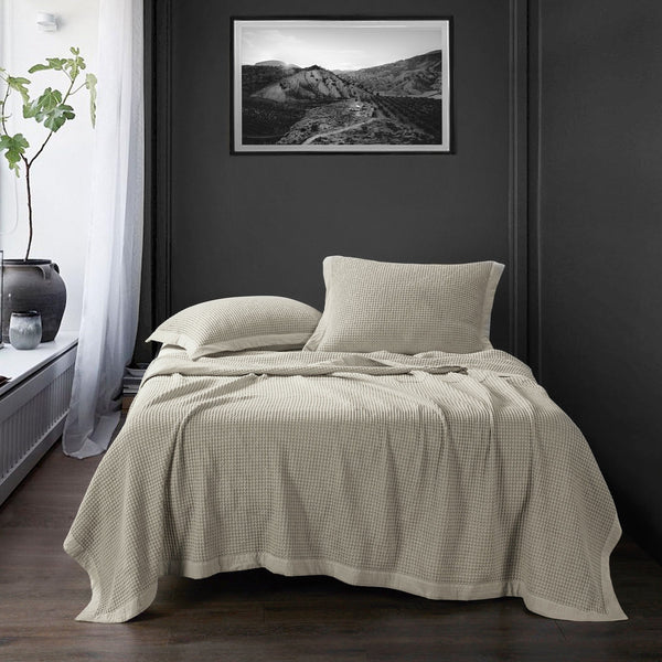 HiEnd Accents Waffle Weave Cotton Coverlet Set PK3800-FQ-LT Light Tan Coverlet: 100% cotton; Pillow Sham: 100% cotton 92x96x0.5