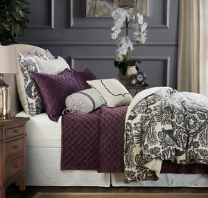 HiEnd Accents Augusta Toile Duvet Cover Set PK4162-SK-AM Amethyst Materials:  Duvet: 20% cotton/80% poly; Euro: Shell: 20% cotton/80% poly; Stand Sham: 100% Poly; Dec Pillow: Shell: 45% cotton/65% poly, Filling: 100% poly 110x96x0.5