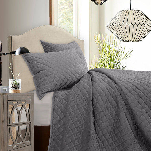 HiEnd Accents Velvet Diamond Quilt Set PK6300-KG-GR Gray Face: 100% polyester; Back: 100% cotton; Fill: 100% polyester 110x96x1