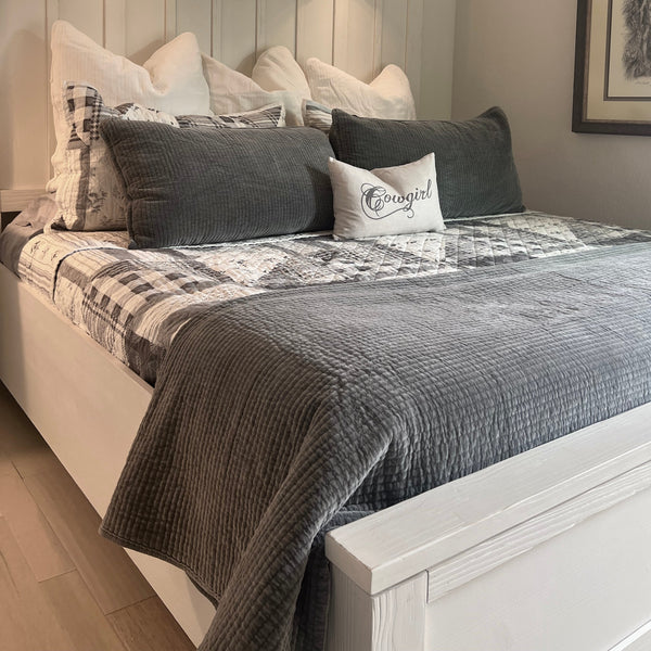 HiEnd Accents Stonewashed Cotton Velvet Quilt Set PK6500-KG-GY Gray Face and Back: 100% cotton; Fill: 100% polyester 110x96x0.5