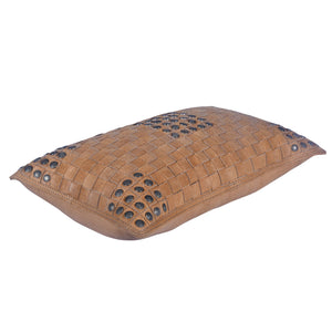 HiEnd Accents Genuine Leather Studded Basket Weave Pillow PL5010 Tan Front: 100% leather; Back: cotton canvas; Fill: 100% waterfowl feathers 12x20x6