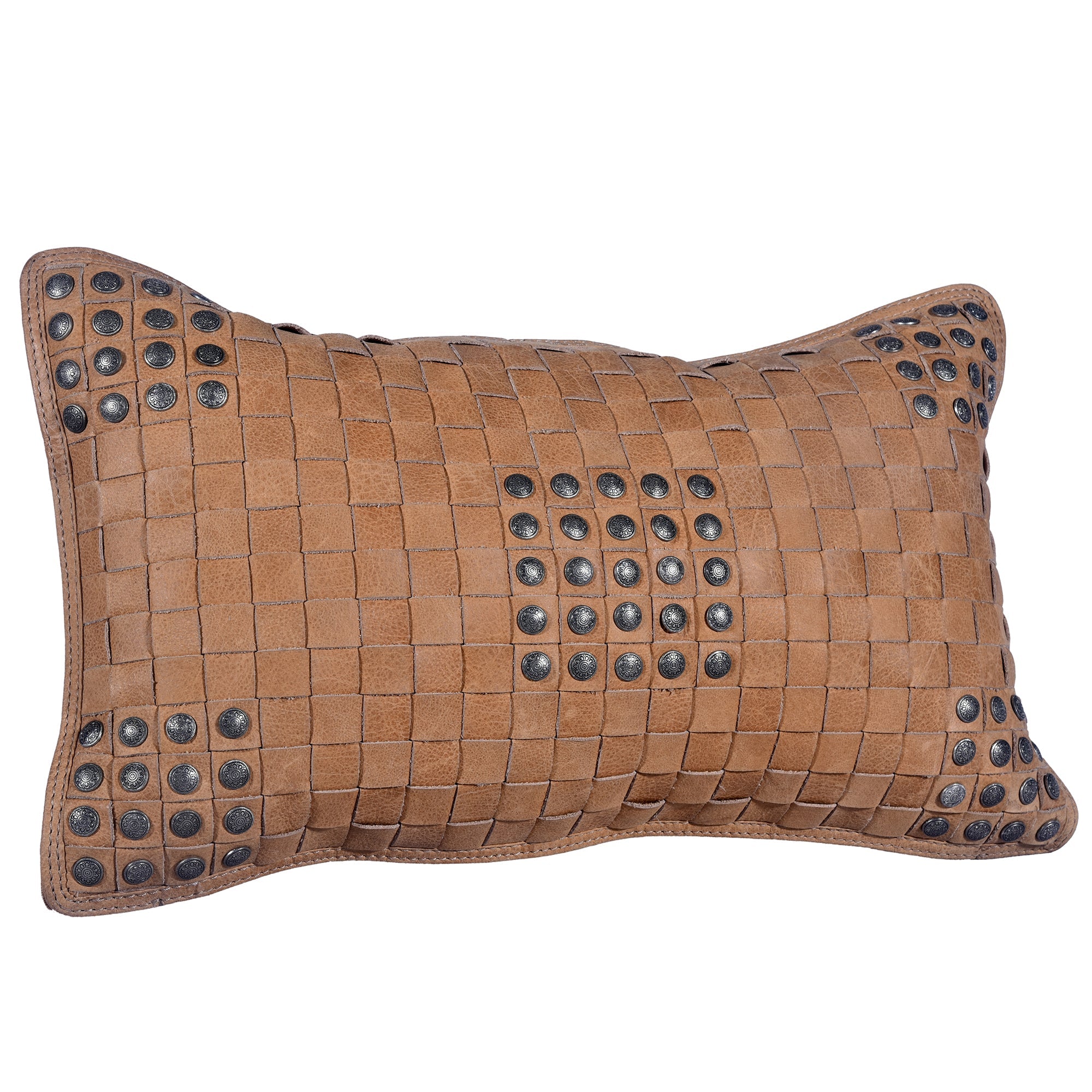 Genuine Leather Studded Basket Weave Pillow - Thumbnail 3