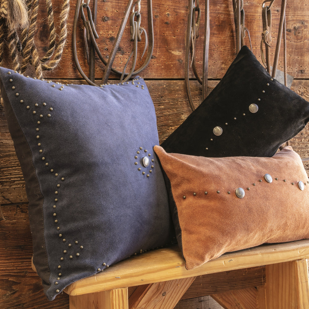 HiEnd Accents Western Suede Antique Silver Concho & Studded Lumbar Pillow PL5031-OS-BK Black Shell - Front: 100% suede leather, Back: 100% cotton. Fill - 100% waterfowl feathers. 12x20