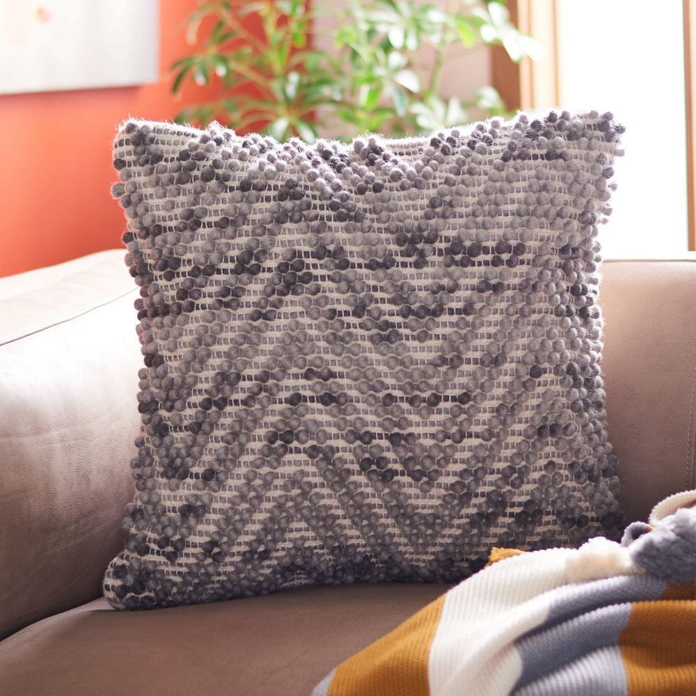Eydie Pillow - Boho-Chic Grey Decorative Cushion with Chevron Patterns & Textured Puff Stitches