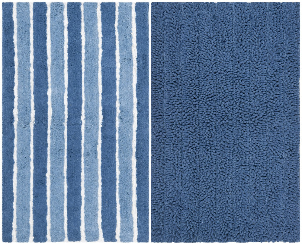 Riviera Marine Blue Solid-Stripe Tufted Bath Rugs Set of 2 - Soft 100% Cotton, Non-Slip Backing