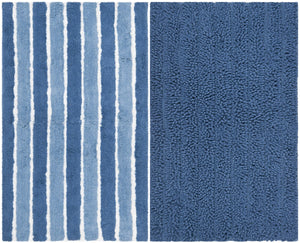 Riviera Marine Blue Solid-Stripe Tufted Bath Rugs Set of 2 - Soft 100% Cotton, Non-Slip Backing