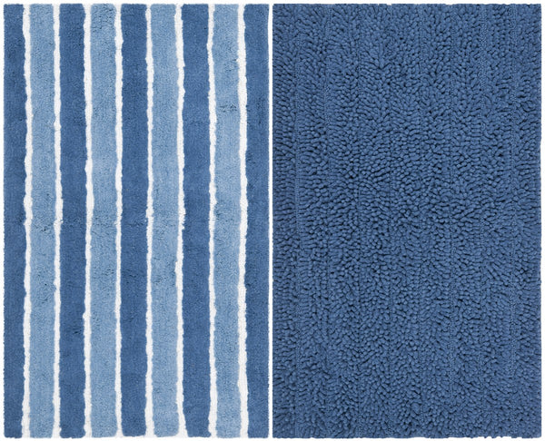 Riviera Marine Blue Solid-Stripe Tufted Bath Rugs Set of 2 - Soft 100% Cotton, Non-Slip Backing