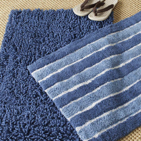 Riviera Marine Blue Solid-Stripe Tufted Bath Rugs Set of 2 - Soft 100% Cotton, Non-Slip Backing
