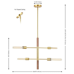 Safavieh Viceroy, 4 Light, 25 Inch, Brass/Walnut, Iron/Solid Wood Extendable Pendant Brass / Walnut Metal / Wood PND4181A