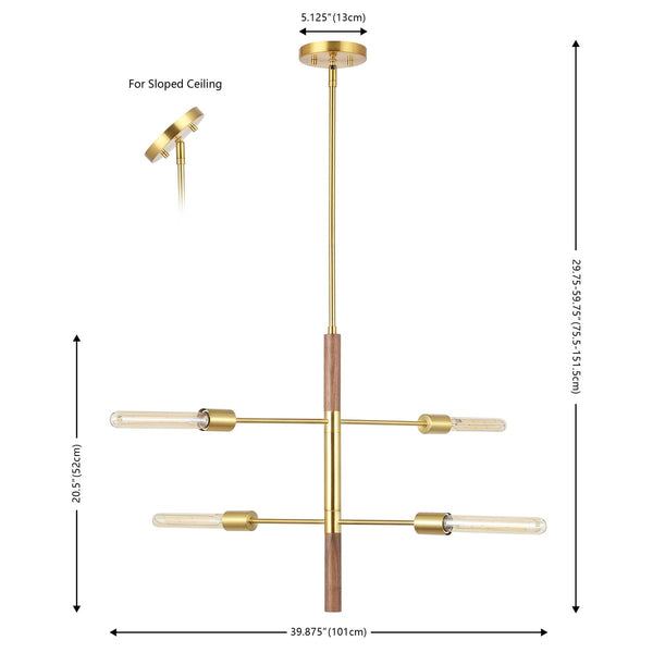 Safavieh Viceroy, 4 Light, 25 Inch, Brass/Walnut, Iron/Solid Wood Extendable Pendant Brass / Walnut Metal / Wood PND4181A