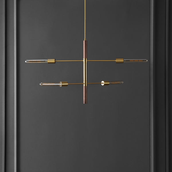 Safavieh Viceroy, 4 Light, 25 Inch, Brass/Walnut, Iron/Solid Wood Extendable Pendant Brass / Walnut Metal / Wood PND4181A